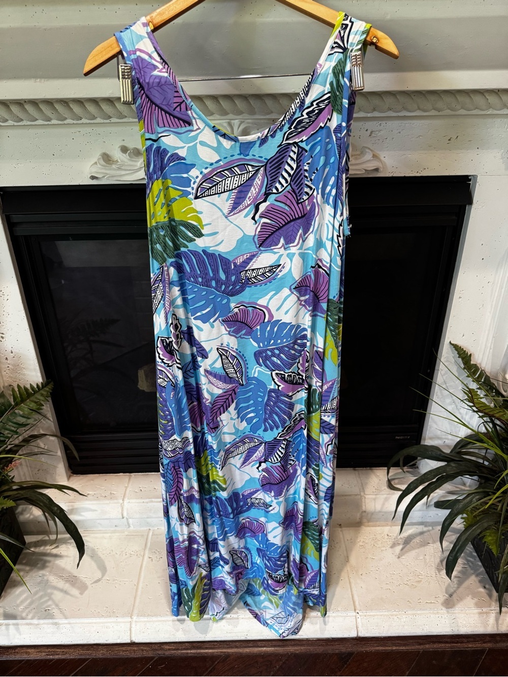 Blue Ginger Sleeveless Tropical Leaf Maxi Dress in Blue, Purple and Green